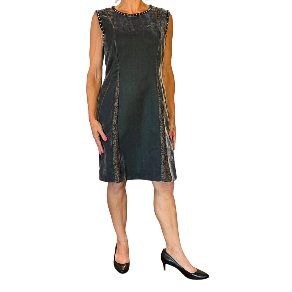 ALBERTA FERRETTI ITALY GRAY VELVET STUDDED LACE INSET SLEEVELESS SHEATH  DRESS 8